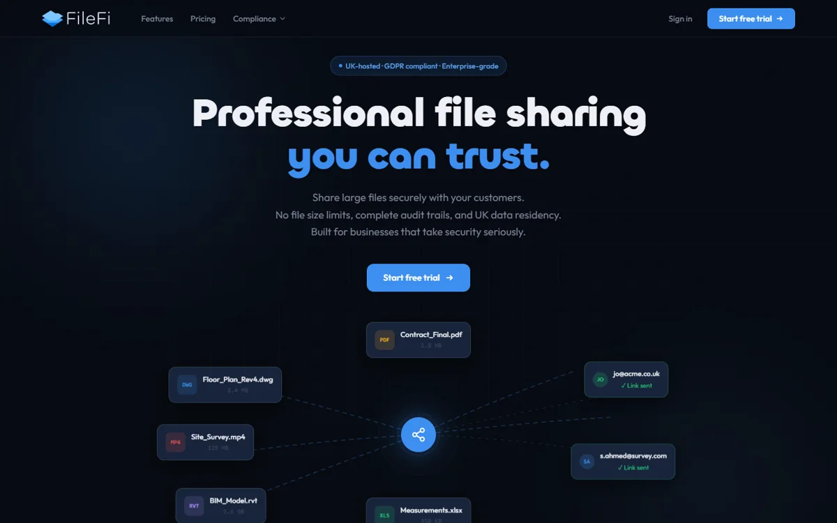 The FileFi website: professional file sharing you can trust.
