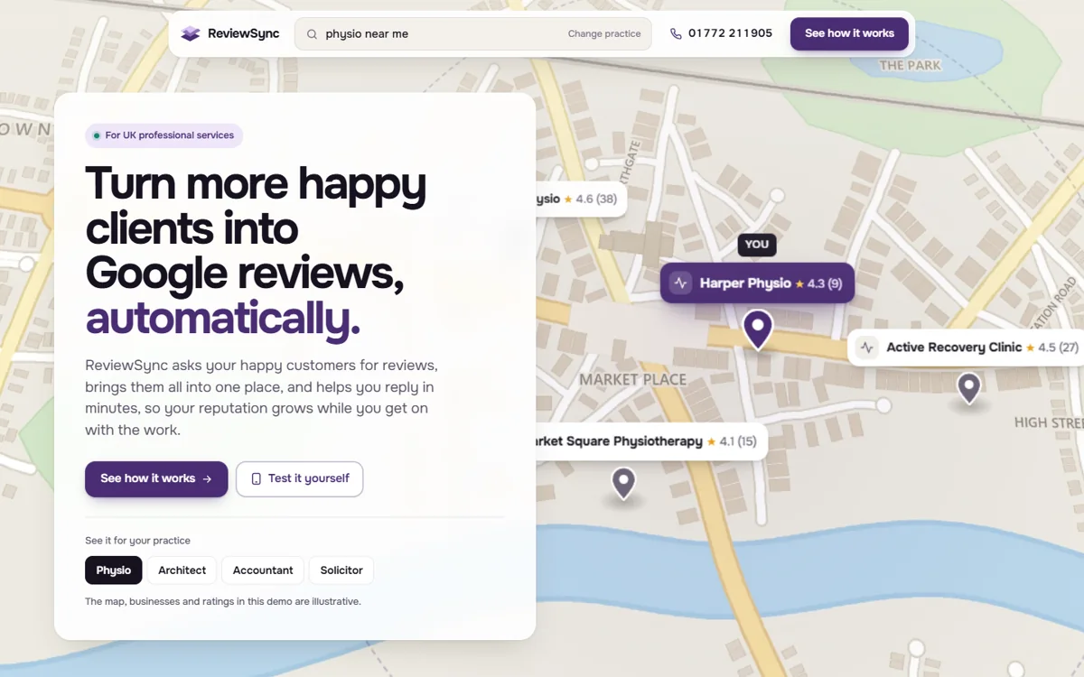 The ReviewSync website: turn more happy clients into Google reviews, automatically.